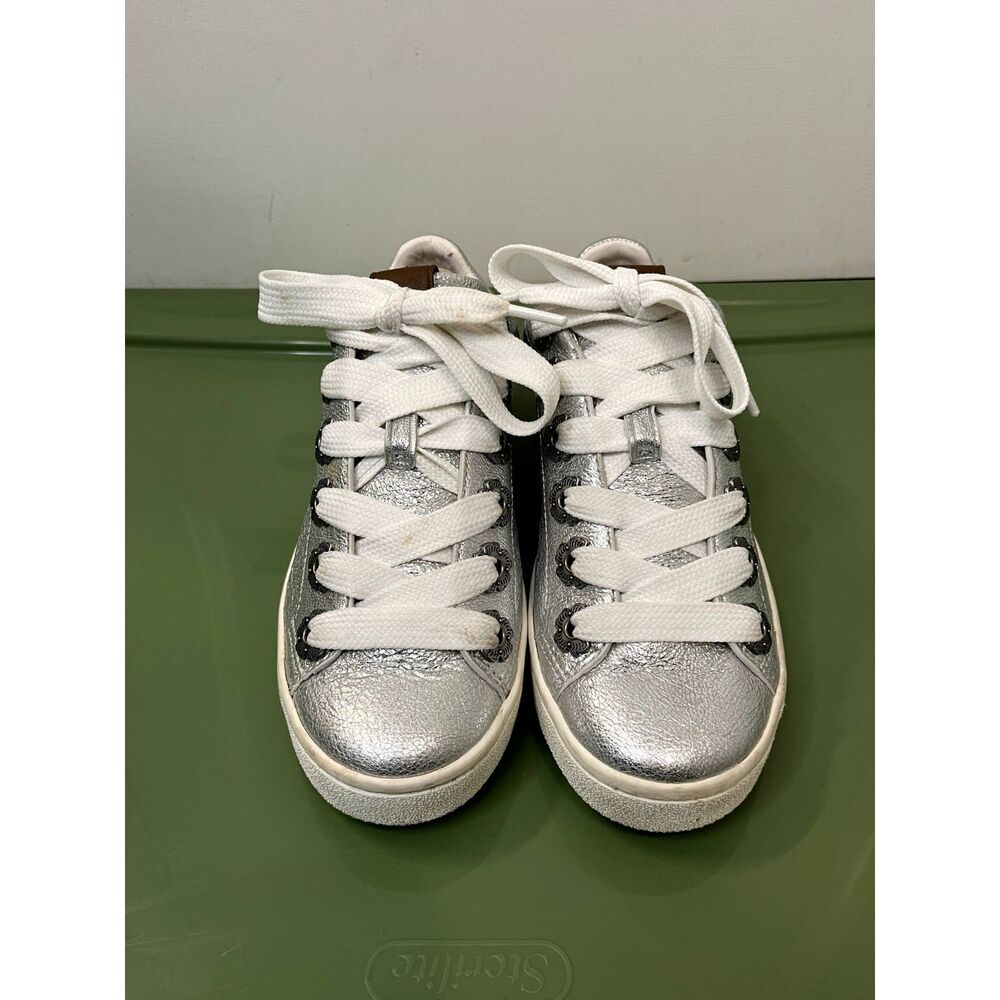 Coach C101 Silver Metallic Low Top Leather Sneakers Tea Rose Eyelets Size 7B - Picture 2 of 9